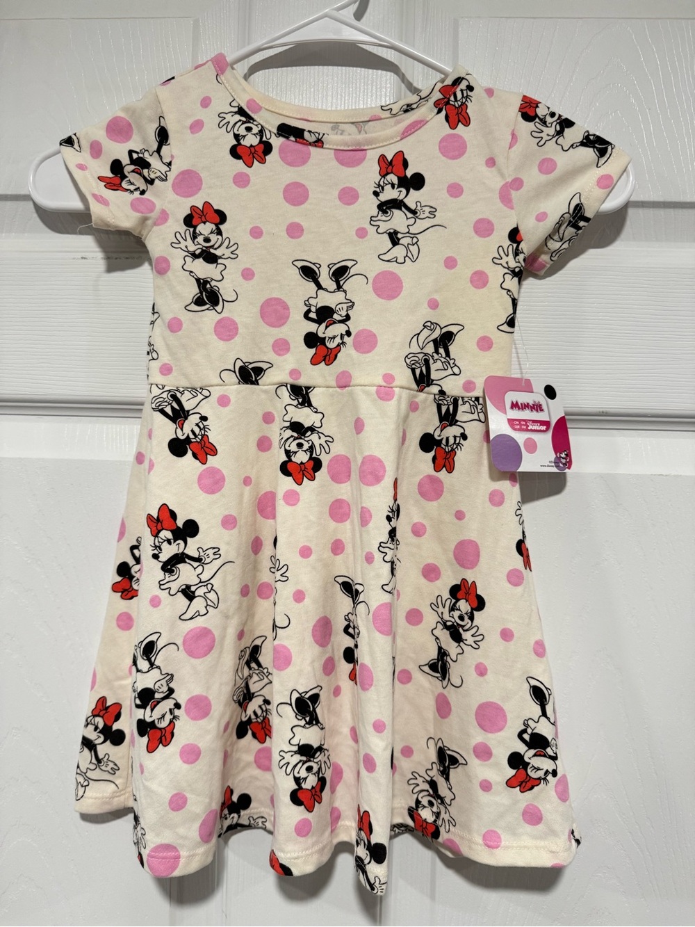 Disney Cream Dress with Pink Polka Dots and Red Bow Minnie Print